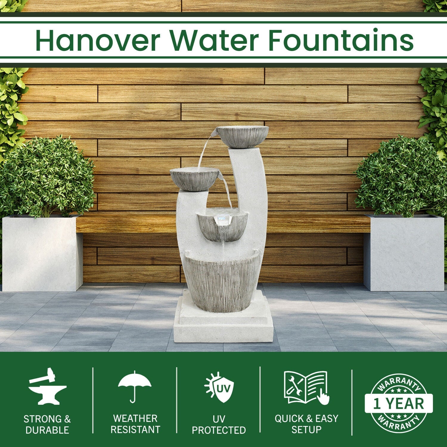Hanover 32.5-In. Contemporary Basin Indoor or Outdoor Garden Fountain with LED Lights for Patio, Deck, Porch, HAN033FNTN-01
