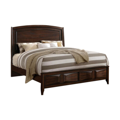 Crisp And Fine Lined Wooden Queen Bed With 3D Design On Front Board Oak Brown-