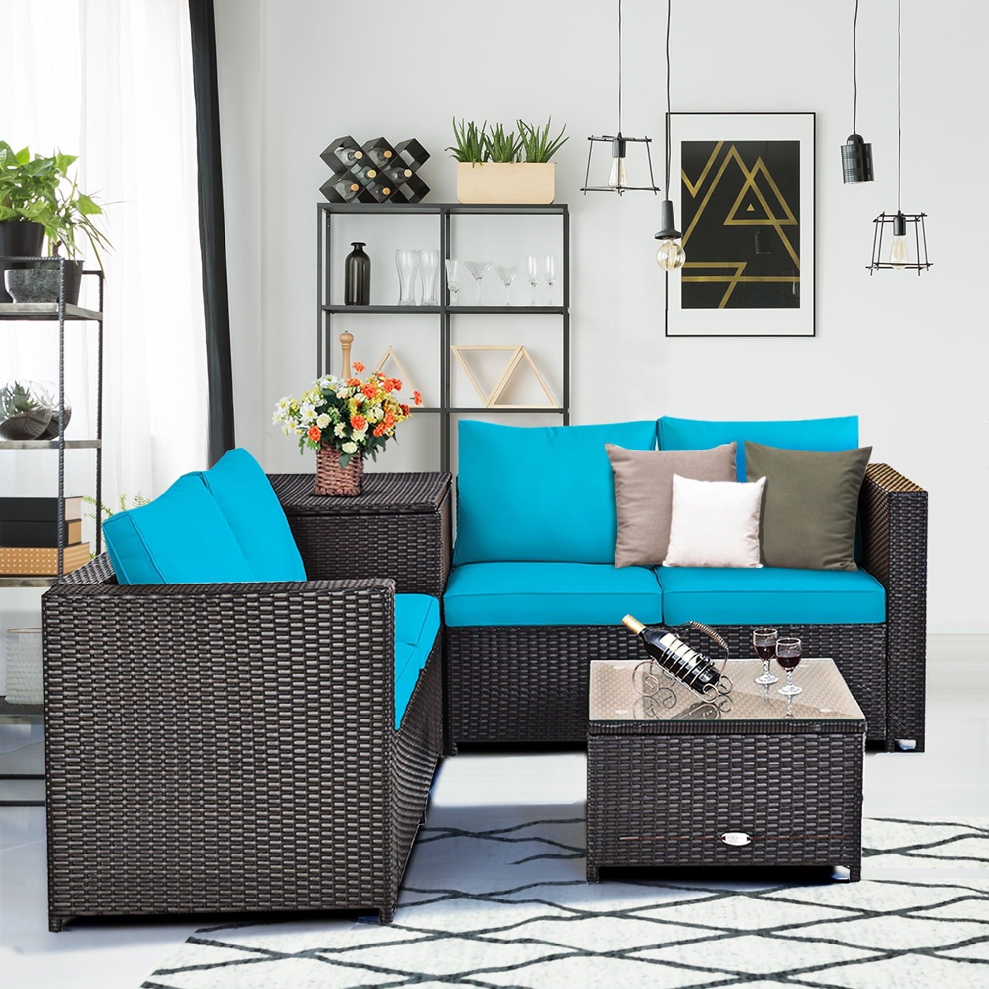 Gymax 8PCS Cushioned Rattan Patio Conversation Set w/ Side Table Turquoise Cushion