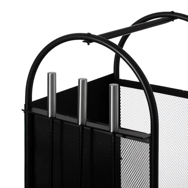 Indoor and Outdoor Patio Iron Firewood Log Cart with Wheels and Fireplace Tool Set, Black