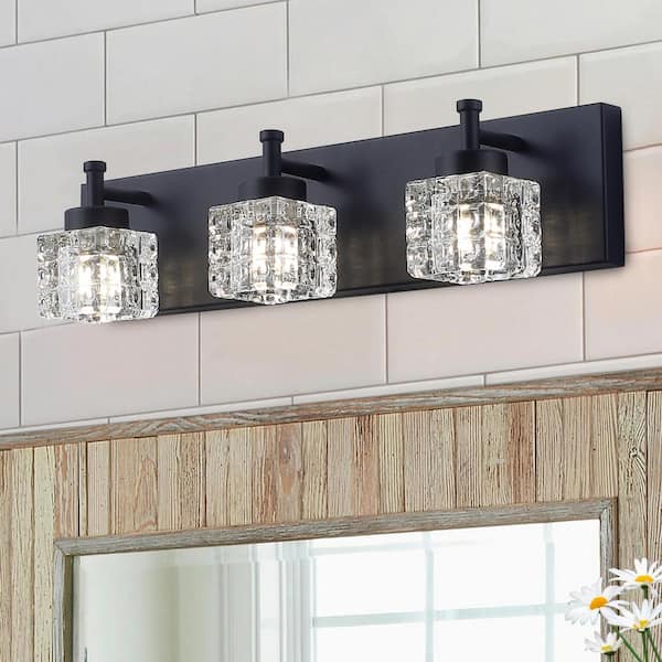 19.7 in. 3-Light Dimmable Black Bathroom Vanity Light with Crystal Glass Shades