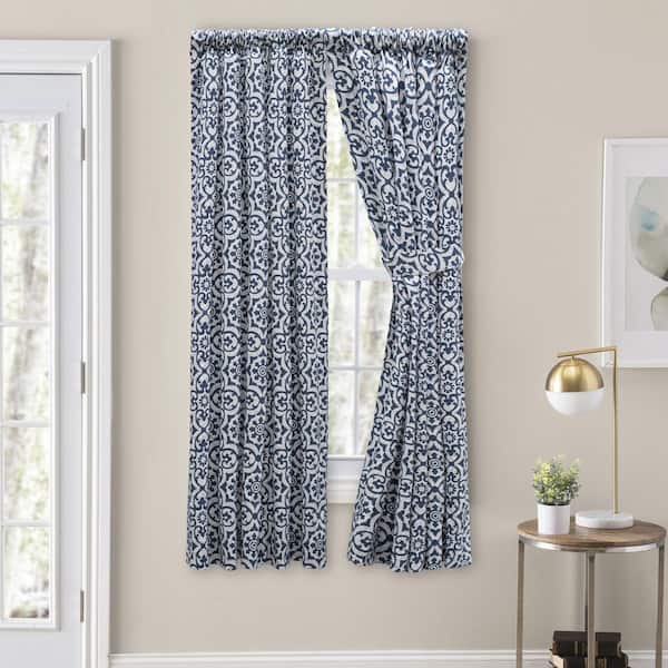 Athens Navy Cotton 100 in. W x 72 in. L Rod Pocket Room Darkening Panel Pair Curtains with Tiebacks