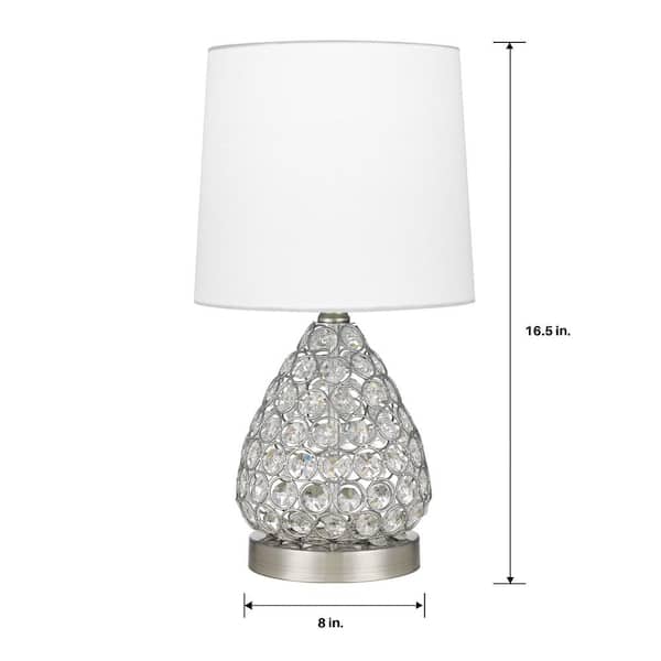 16 .5 in. Clear Crystal and Brushed Steel Table Lamp with White Fabric Drum Shade