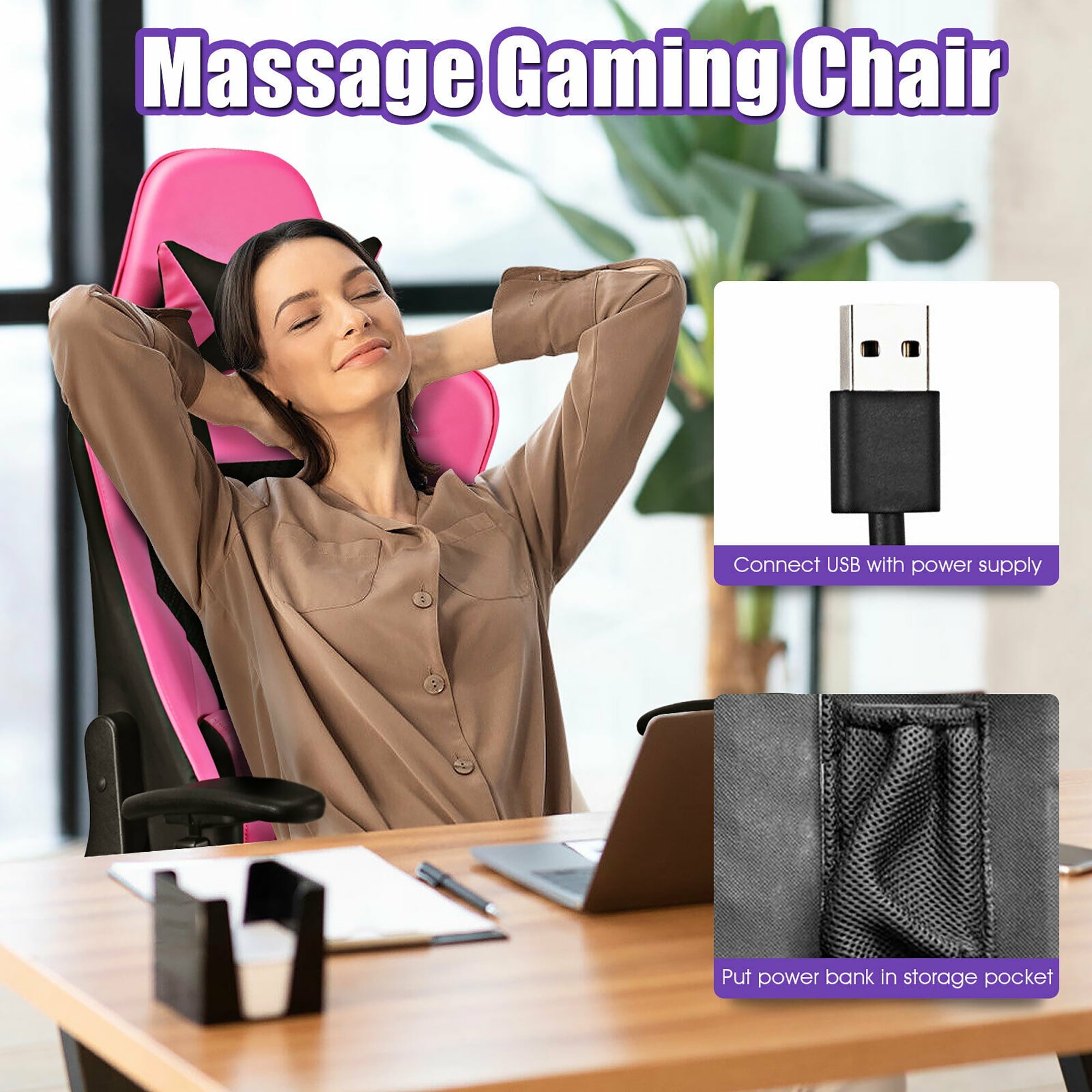 Costway Massage Gaming Chair Reclining Racing Office Computer Chair with Footrest Pink