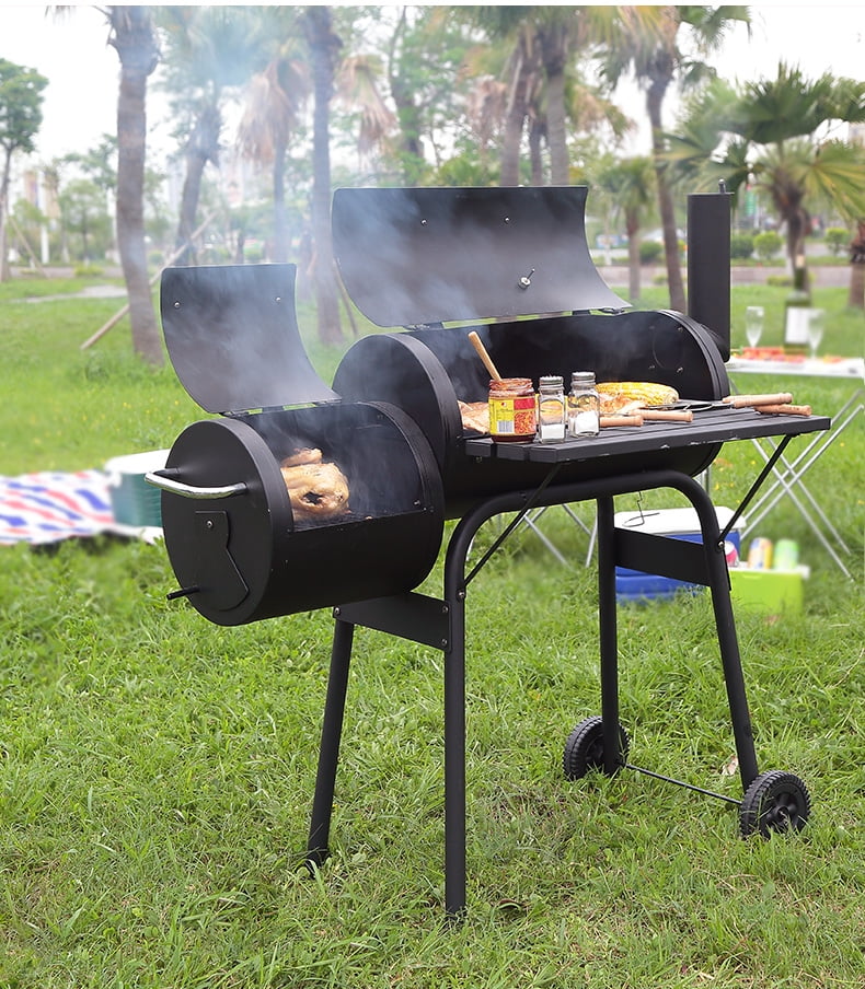 Outdoor Portable BBQ Charcoal Grill with Offset Smoker, Black