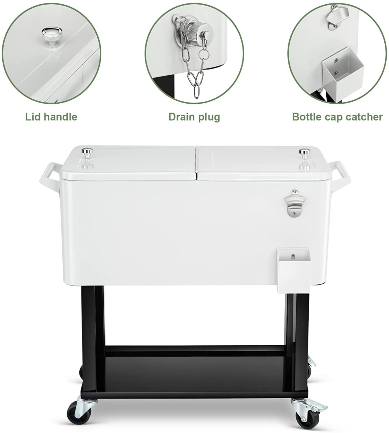 80 Quart Rolling Cooler Cart Ice Chest for Outdoor Patio Deck Party Portable Party Bar Cold Drink Beverage Cart Tub, Backyard Cooler Trolley on Wheels with Shelf, Bottle Opener White