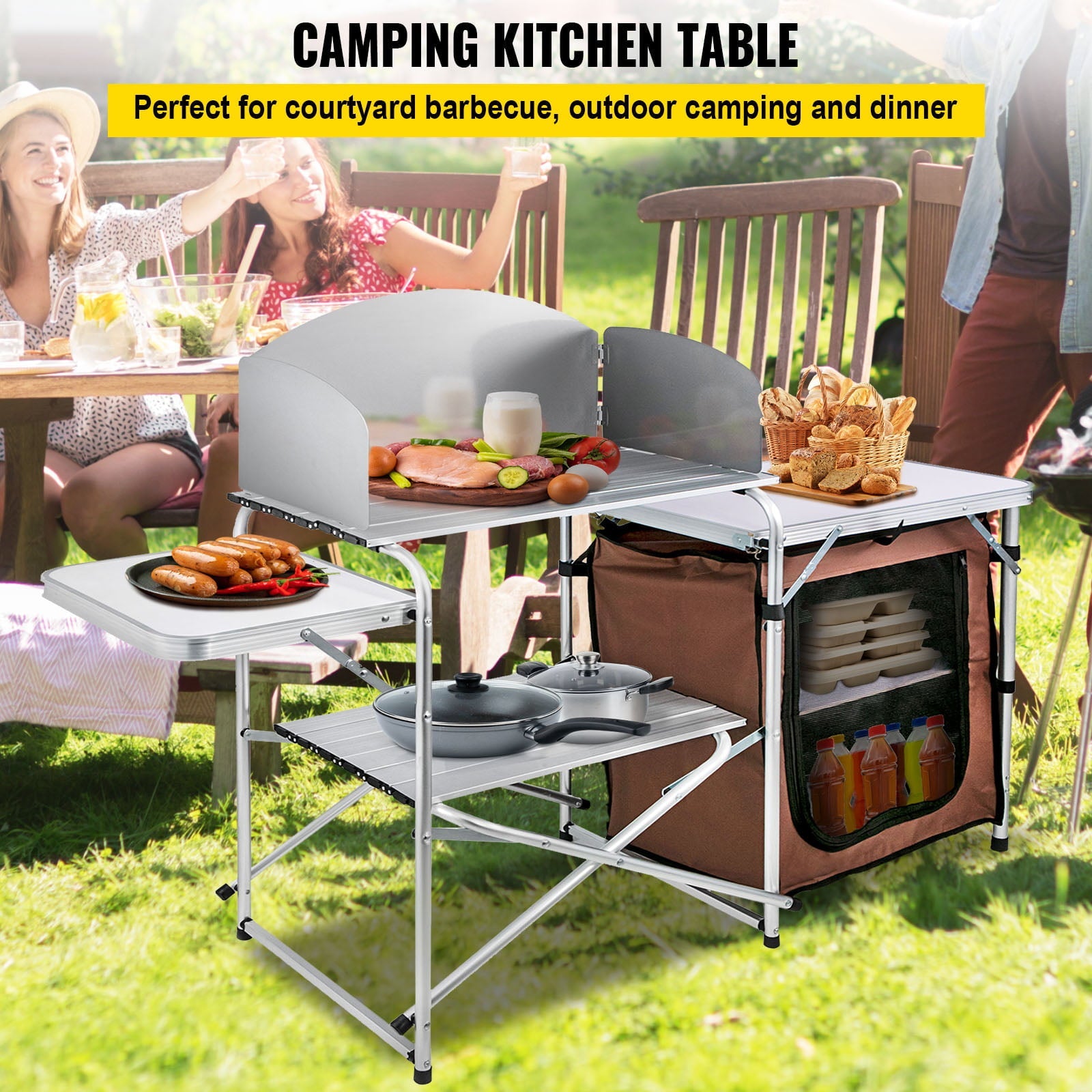 Camping Kitchen Station, Aluminum Portable Folding Camp Cook Table with Windshield, Storage Organizer and 4 Adjustable Feet, Quick Installation for Outdoor Picnic Beach Party Cooking, Brown