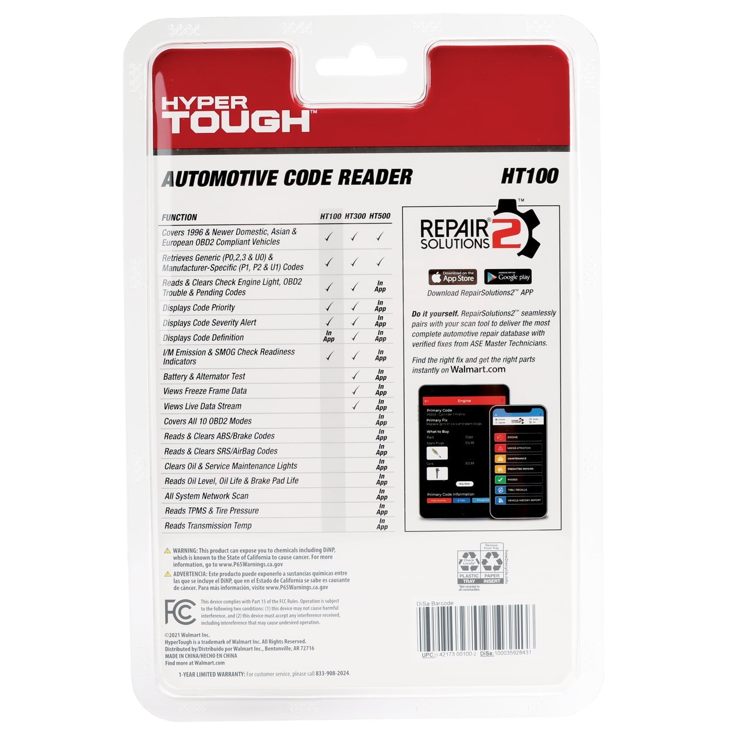 Hyper Tough HT100 Code Reader, 1996 & Newer OBD2 Vehicles, Free Fix & Part Recommendations