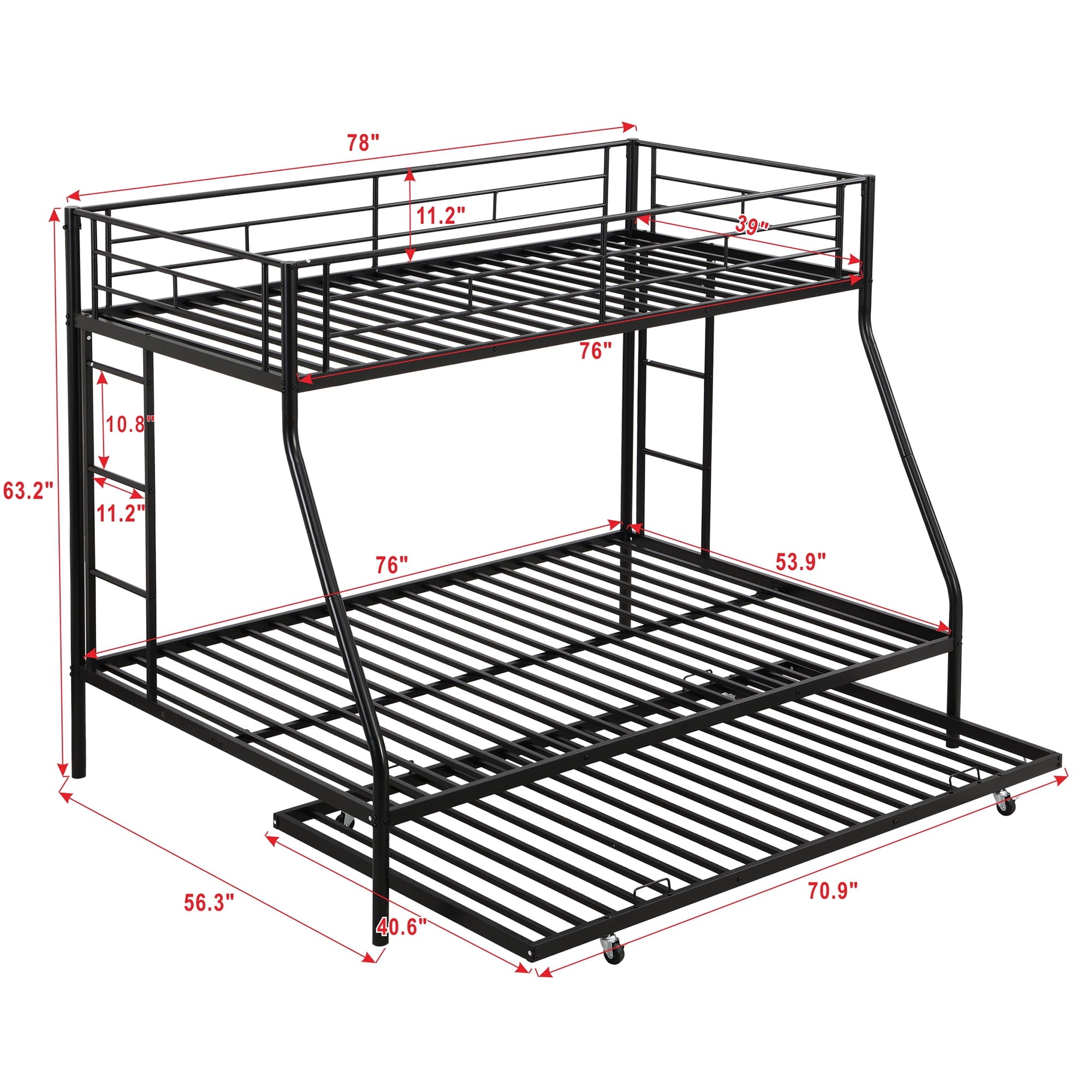 Bellemave Twin Over Full Bunk Beds with Trundle, Metal Bunk Bed Frame with Two-Side Ladders and Safety Rail, Thickened Metal Bed for 3 Kids Boys Girls Adults,Black