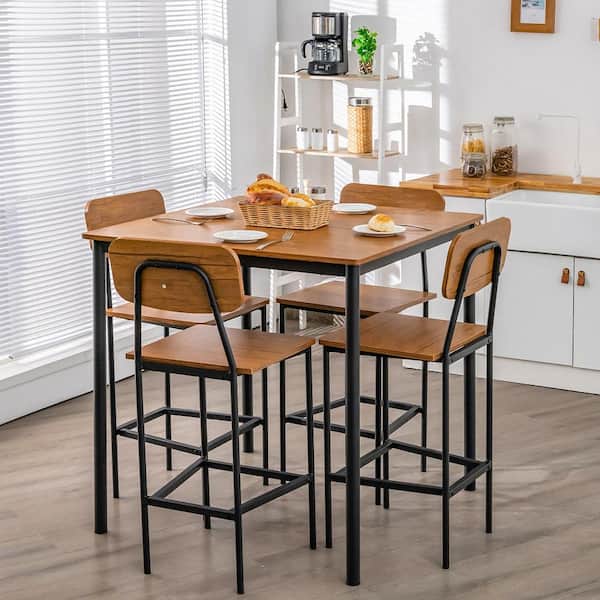 5-Piece Square Walnut Industrial Wood Top Dining Table Set with Counter Height Table and 4-Bar Stools