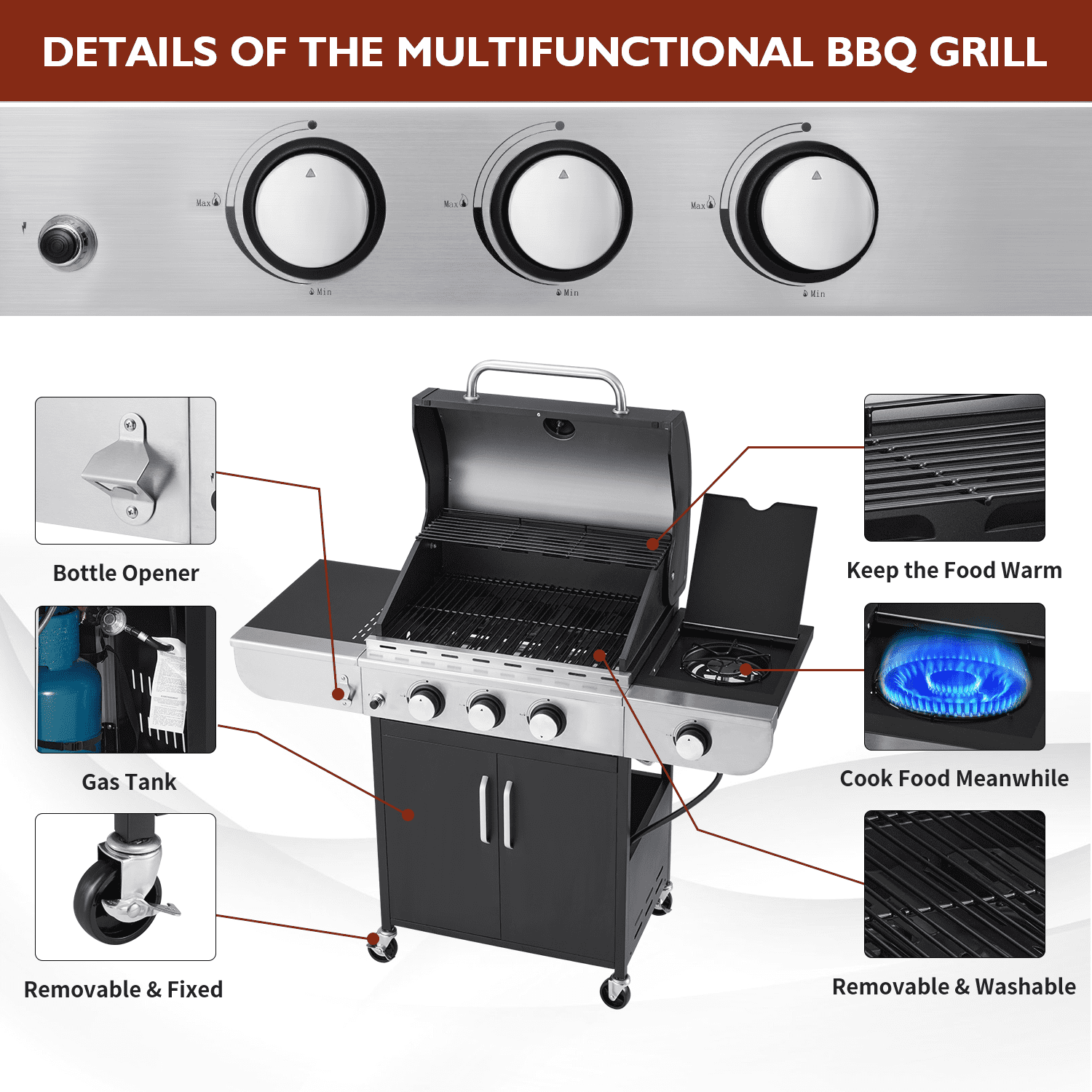 3 Burner BBQ Propane Gas Grill£¬24,000/36,000 BTU Stainless Steel with Stove and Side Table