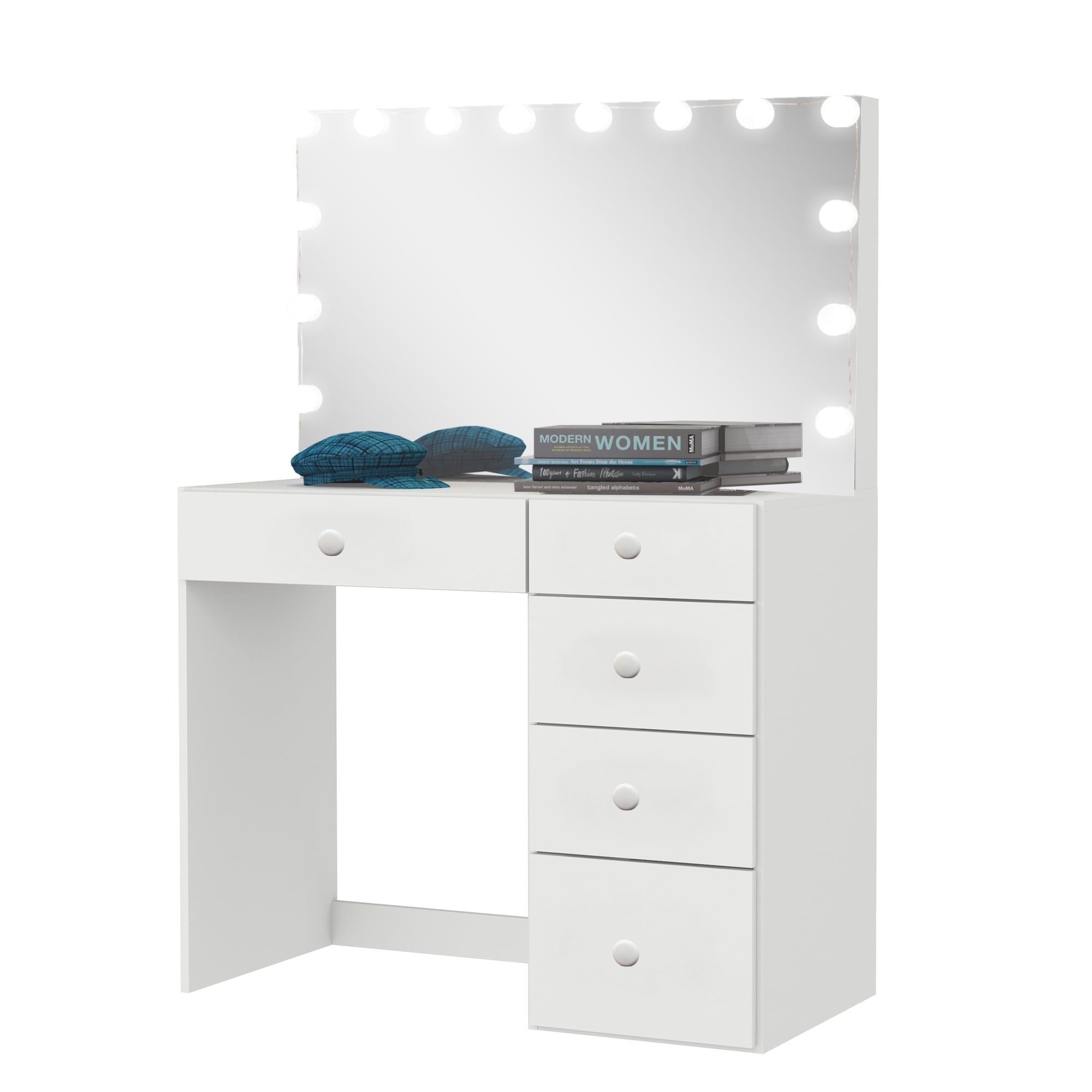 Boahaus Saranya Modern Vanity Desk with Light Bulbs, 5 Drawers, White