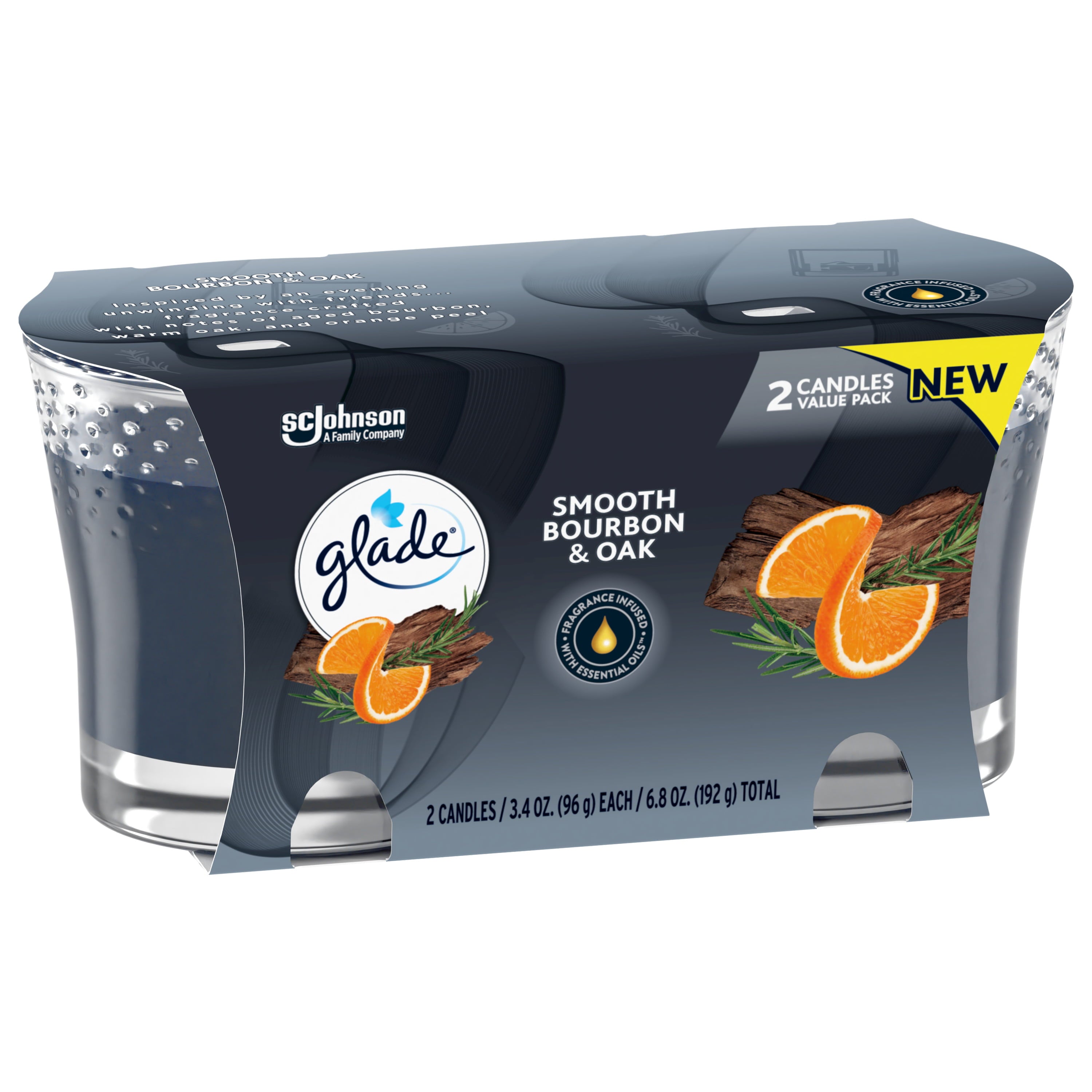 Glade Candle Smooth Bourbon & Oak Scent, 1-Wick, 3.4 oz (96.3 g) Each, 2 Counts, Fragrance Infused with Essential Oils, Lead-Free Wick Scented Candles