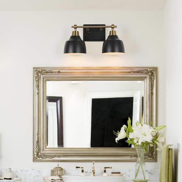 Modern 2-Light Black Vanity Light with Brass Plated Metal Arm White Inner Bell Shades for Bathroom Round/Arched Mirror