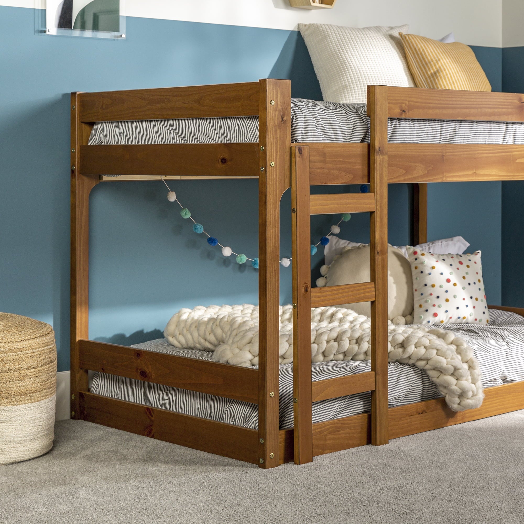 Walker Edison Modern Twin Over Twin Youth Bunk Bed, Caramel