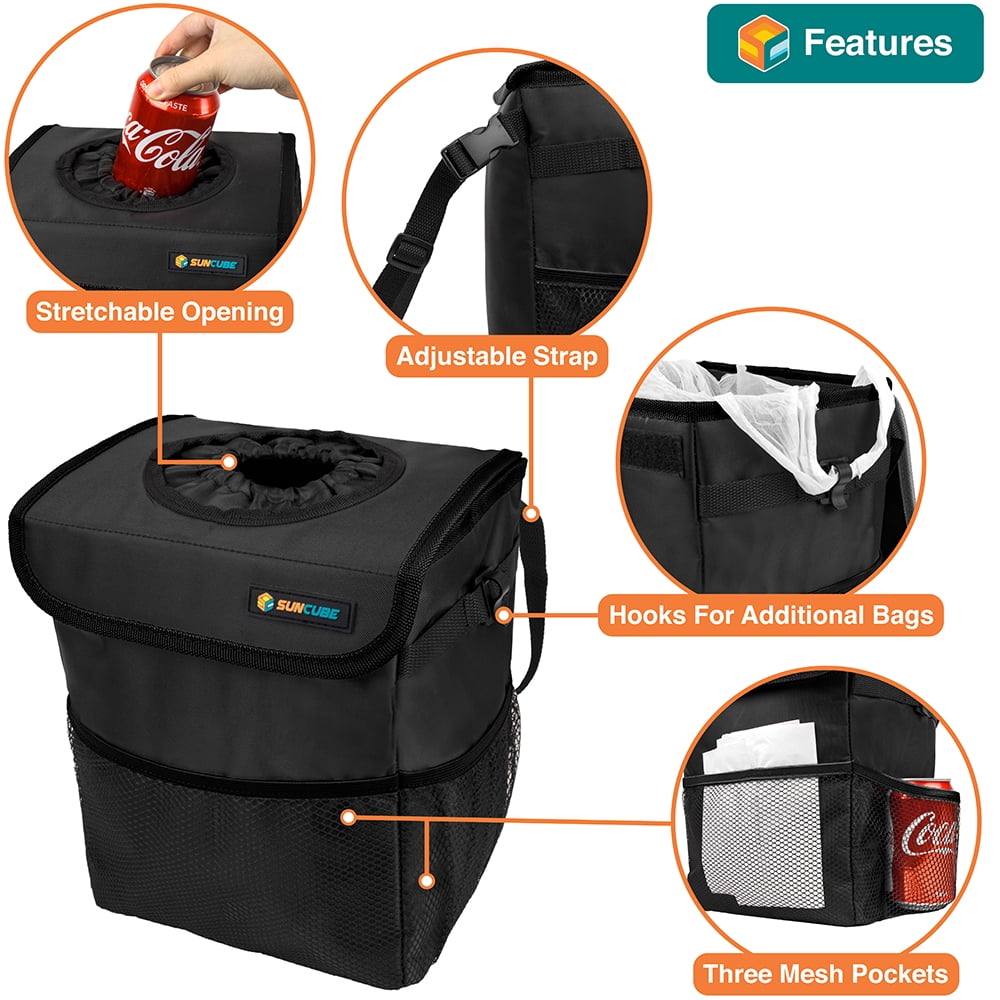 SUN CUBE WATERPROOF Car Trash Can with Lid, Mesh Pockets | Leakproof Car Garbage Can Hanging | Auto Trash Bin, Garbage Bag Organizer for Headrest, Console, Truck (Black)