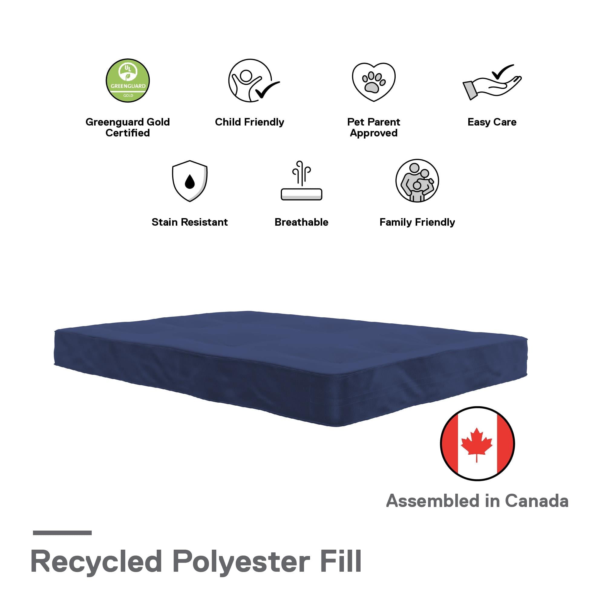 DHP Caden 8 Inch Futon Mattress with Tufted Cover and Recycled Polyester Fill, Full, Blue