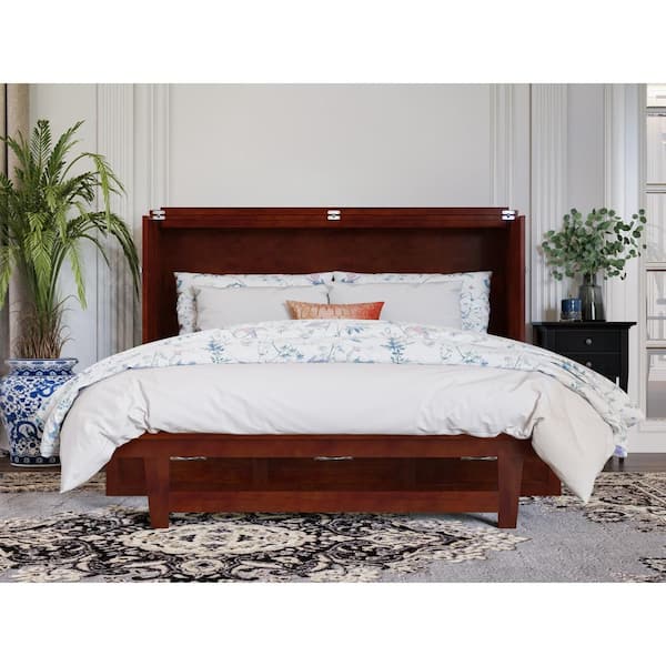 Northfield Walnut Solid Wood Frame Queen Murphy Bed with Mattress and Built In Charging Station