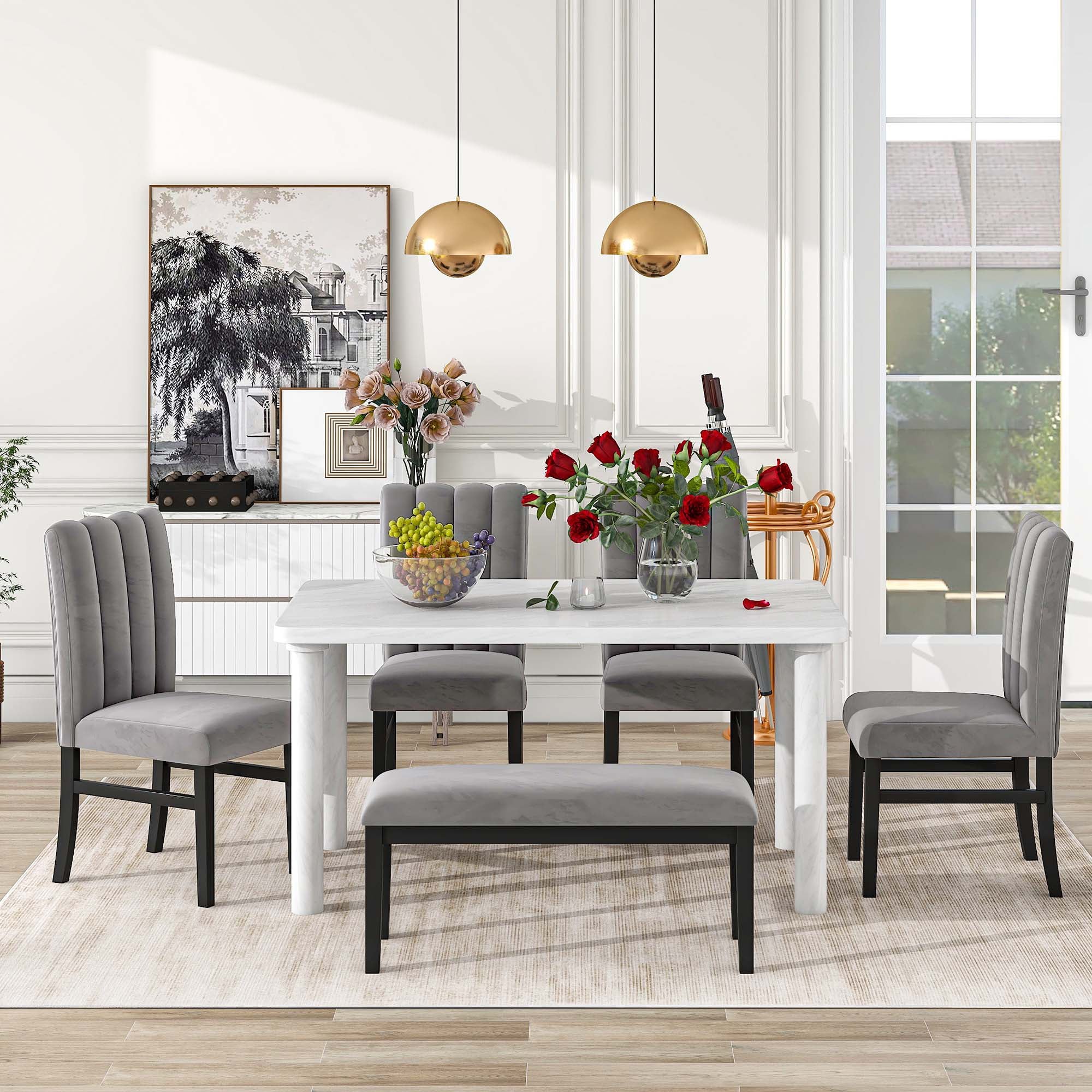 Set of 6 Marble Sticker Dining Table and 4 Velvet Upholstered Dining Chairs and Bench (White+Grey) Dimensions Table: 60