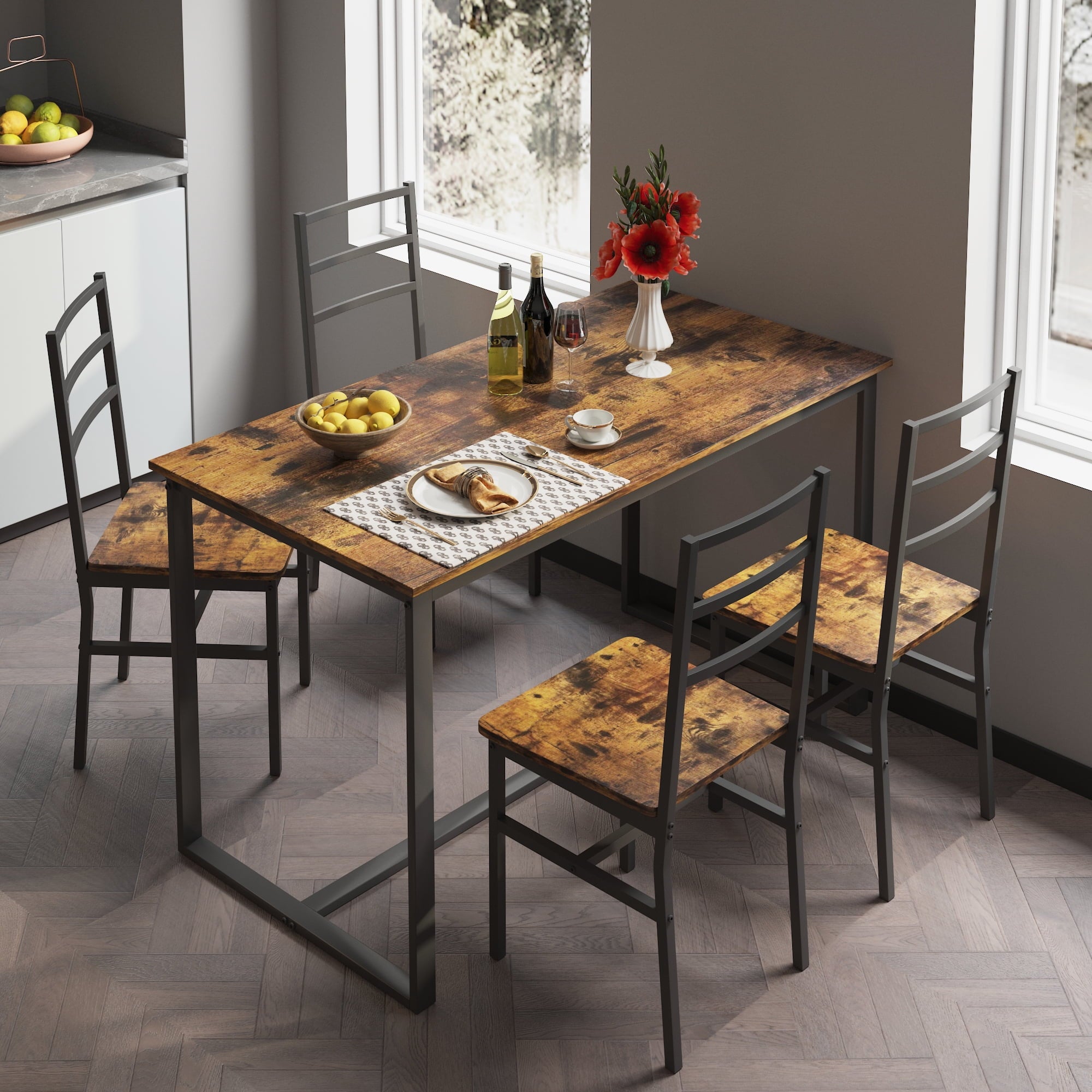 5-Piece Dining Room Table Set, Compact Wooden Kitchen Table and 4 Chairs with Metal Legs Dinette Sets, Industrial Style Kitchen Table and Chairs for Dining Room & Small Space
