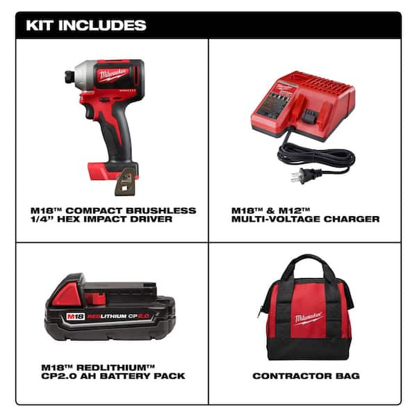 M18 18V Lithium-Ion Compact Brushless Cordless 1/4 in. Impact Driver Kit W/ (1) 2.0 Ah Battery, Charger & Tool Bag