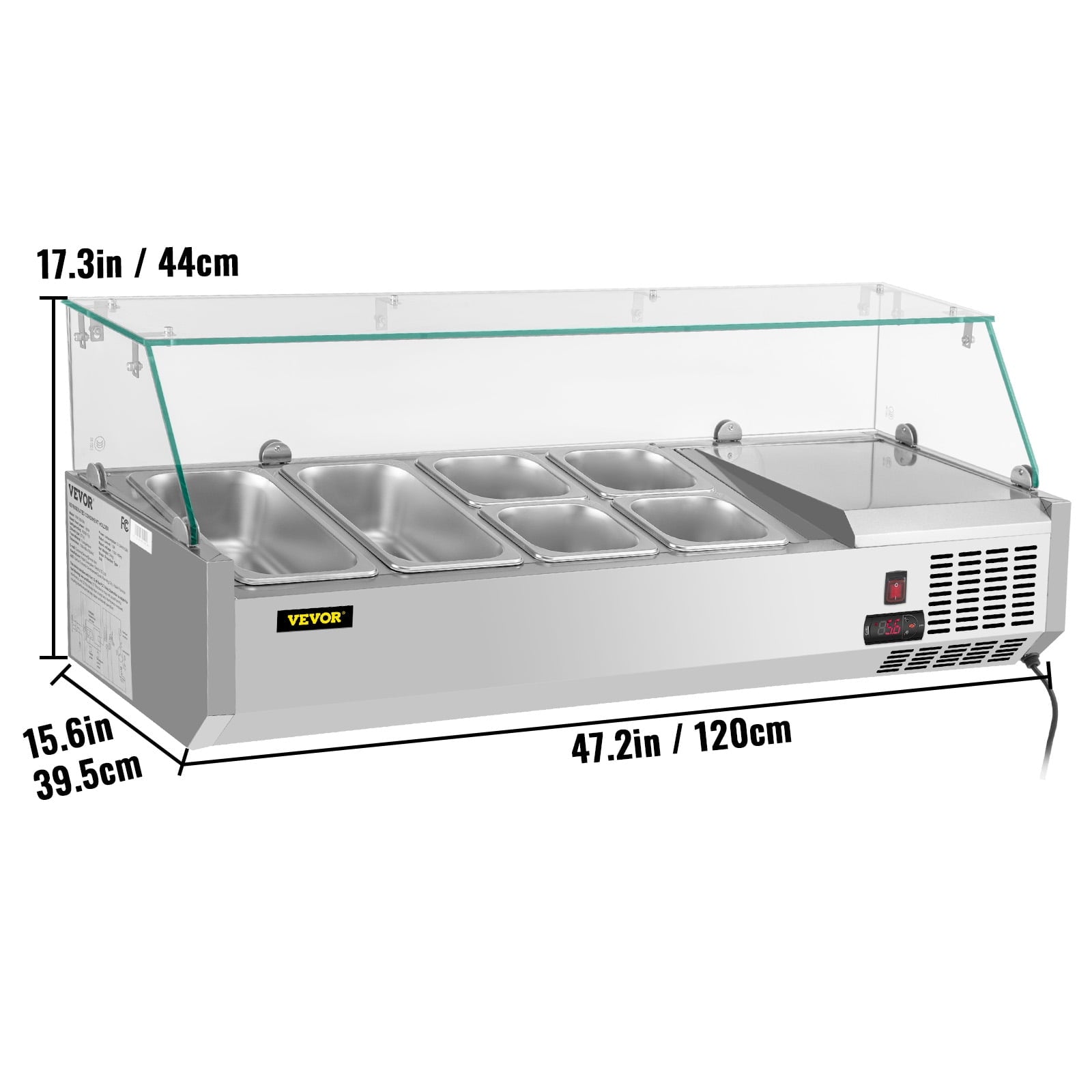 Refrigerated Condiment Prep Station, 48-inch, 10.8Qt Sandwich / Salad Prep Table w/ 3 1/3 Pans & 4 1/6 Pans, 146W Salad Bar w/ 304 Stainless Body Tempered Glass Shield Digital Panel Auto Defrost