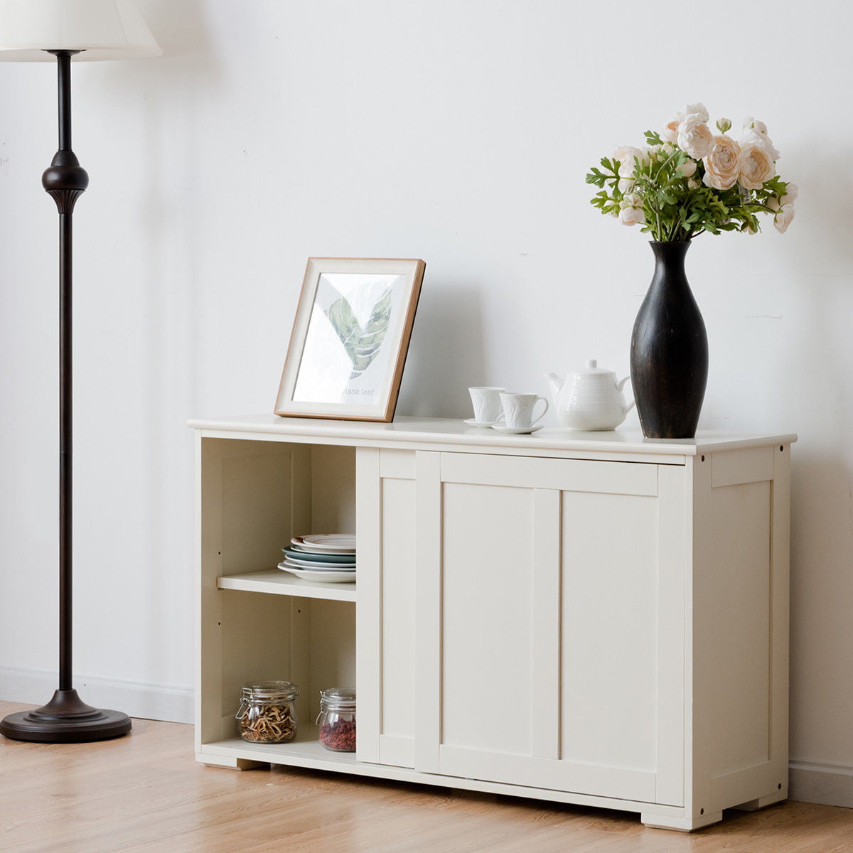 Costway Kitchen Storage Cabinet Sideboard Buffet Cupboard Wood Sliding Door Pantry Cream White