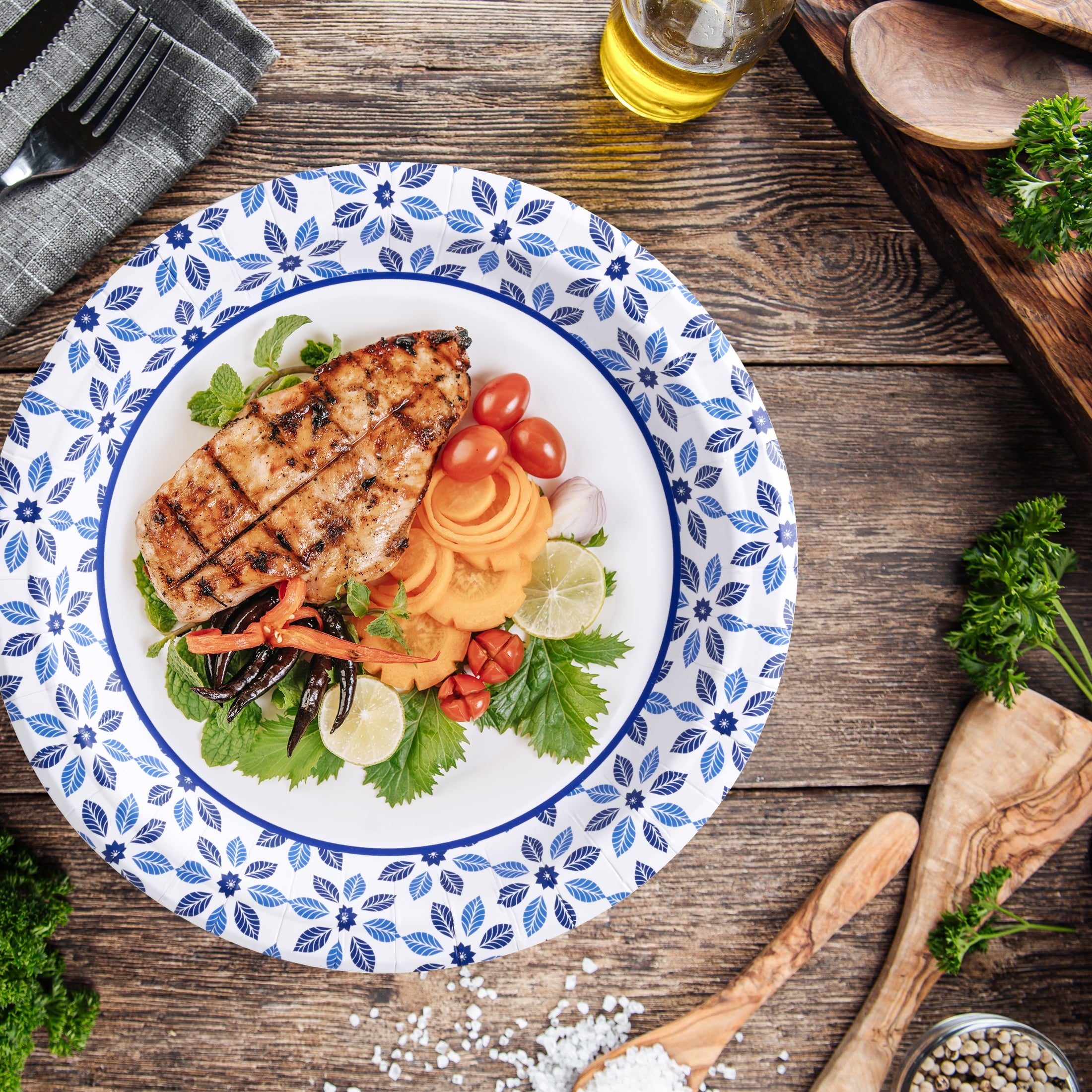 JOLLY CHEF 8.37 inch Blue Paper Plates 140 Count Heavy Duty Printed Disposable Plates