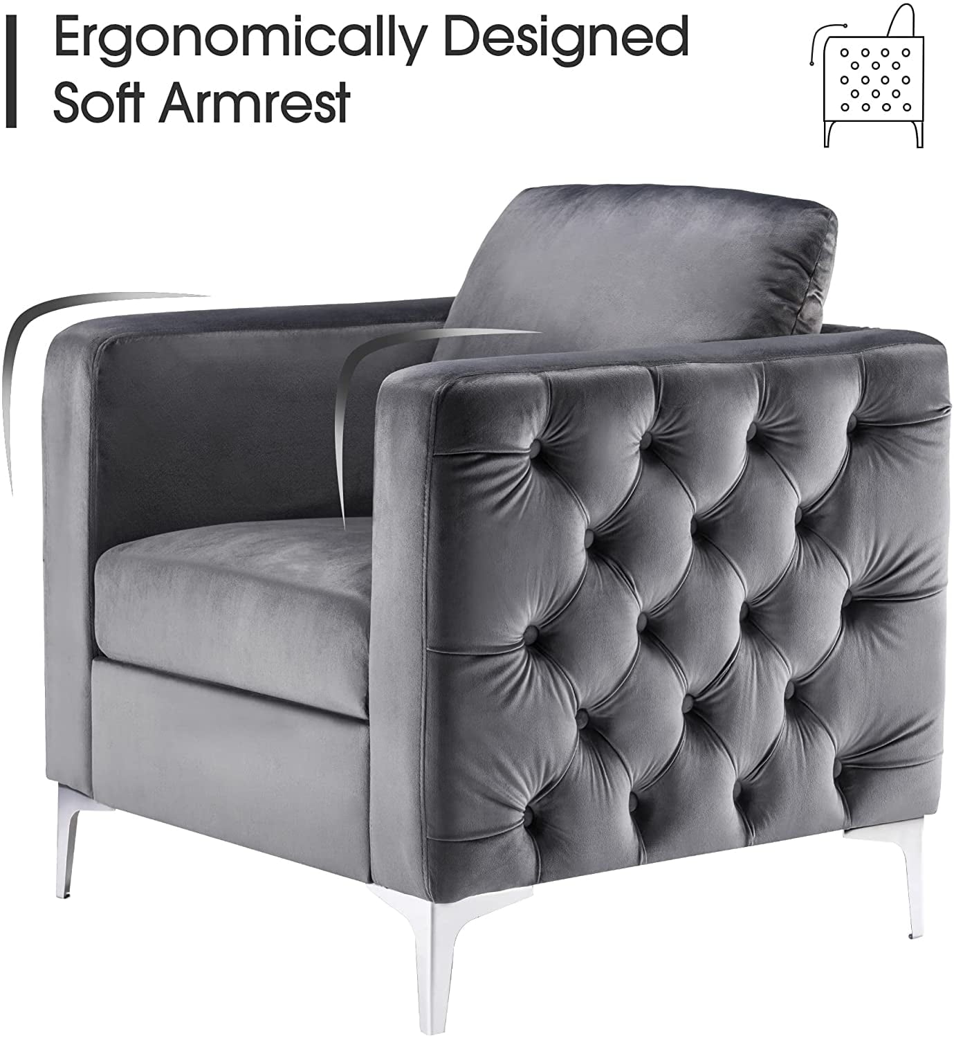 Mcombo Velvet Accent Club Chair, Single Sofa Chair, Armchair 4066 (Grey)