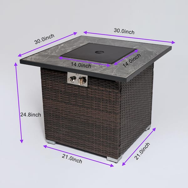 30 in. Brown Square Outdoor Wicker Propane Fire Pit Table with Glass Rocks and Rain Cover