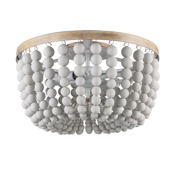 Cayman 13 in. 2-Light White and Faux Wood Beaded Flush Mount Ceiling Light Fixture with White Beaded Shade
