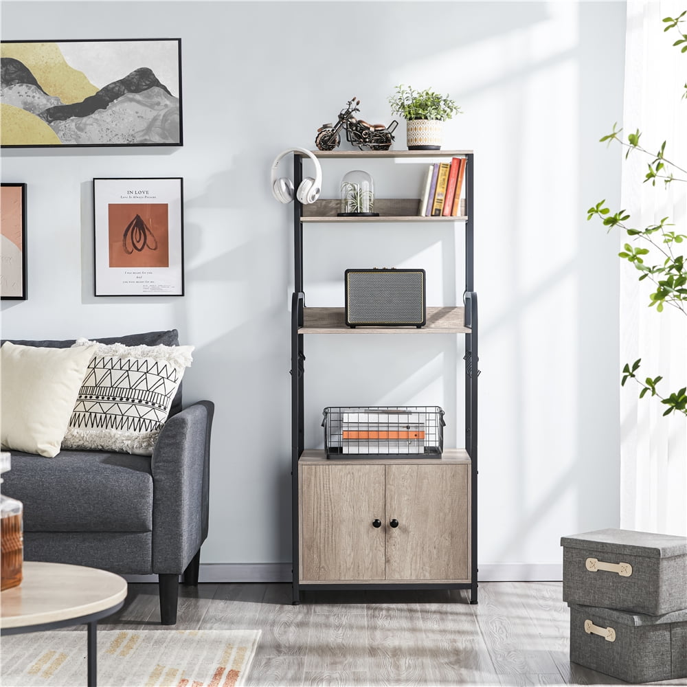 Topeakmart 4 Tiers Industrial Wooden Kitchen Baker's Rack with 8 S-Hooks, Gray