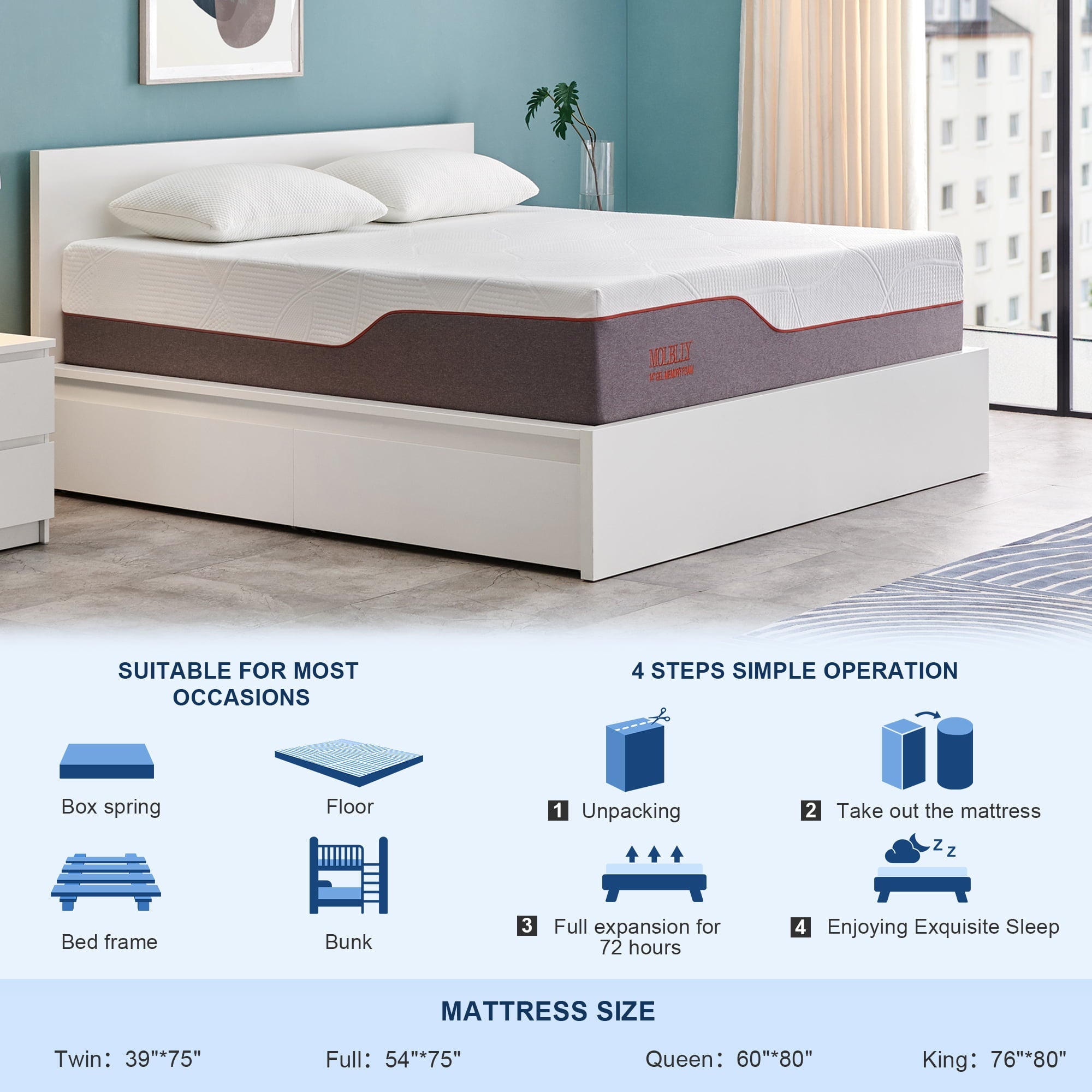 10 inch Medium Gel Memory Foam Mattress in a Box,Cooling Queen Mattress