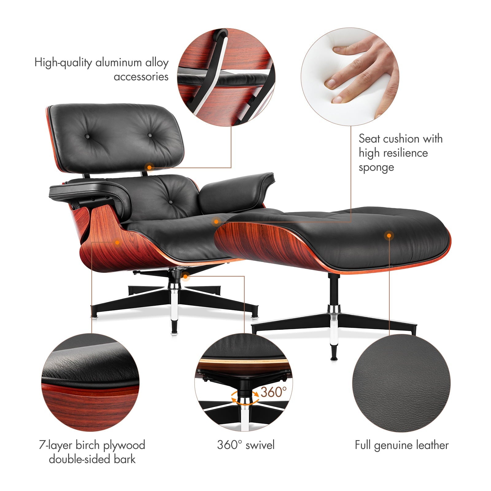 Mid Century Accent Chair and Ottoman Reclining Lounge Chair Upholstered Modern Armchair w/Dark Rosewood Frame,Metal Legs,Black