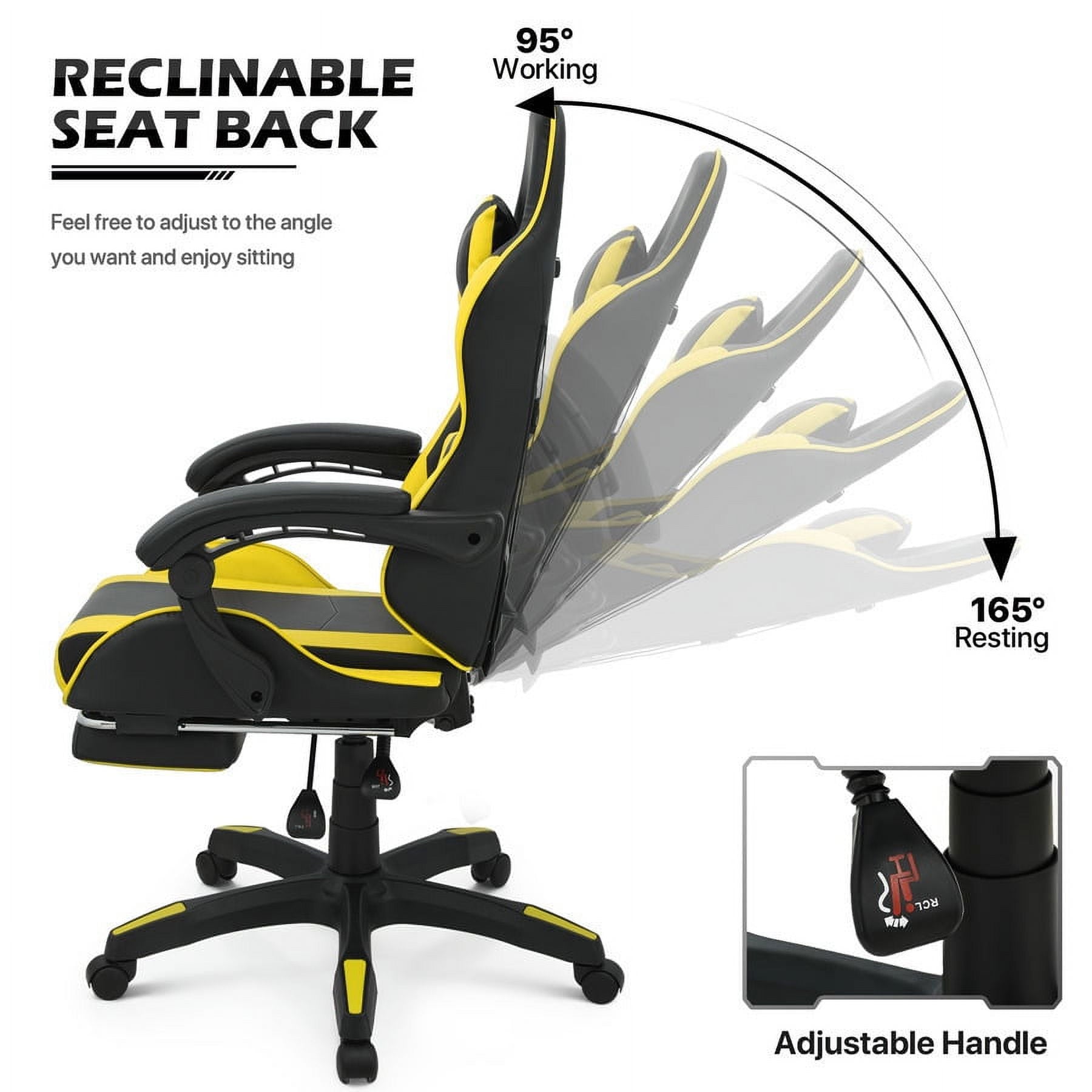 Yellow RECLINING Gaming Racing Chair Ergonomic Faux Leather Office Executive Seat w/Footrest