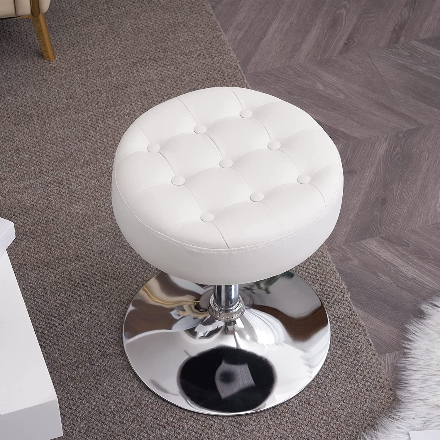 Furniliving PU Adjustable Vanity Stool Swivel Backless Round Ottoman Upholstered Makeup Chair, White