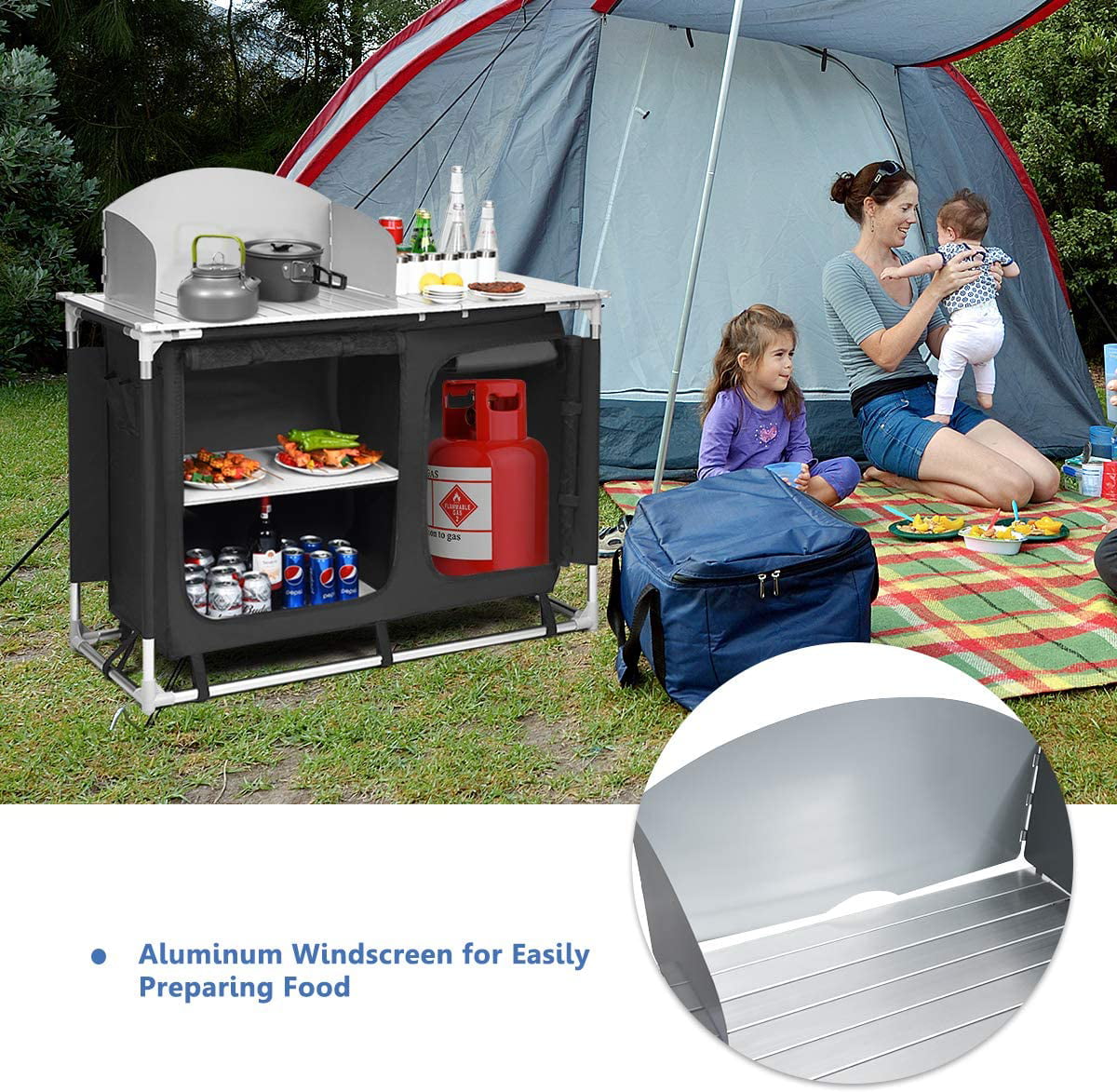 Portable Camping Kitchen Table, Camping Grill Table w/Windscreen & Storage Organizer, Outdoor Kitchen Cook Station with Basin for BBQ, Party, Picnics, Backyards, BBQ Table