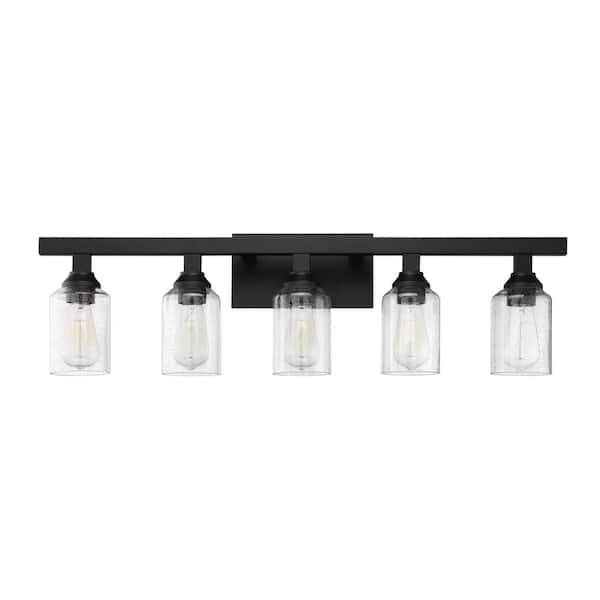 Chicago 35.75 in. 5-Light Flat Black Finish Vanity Light with Seeded Glass