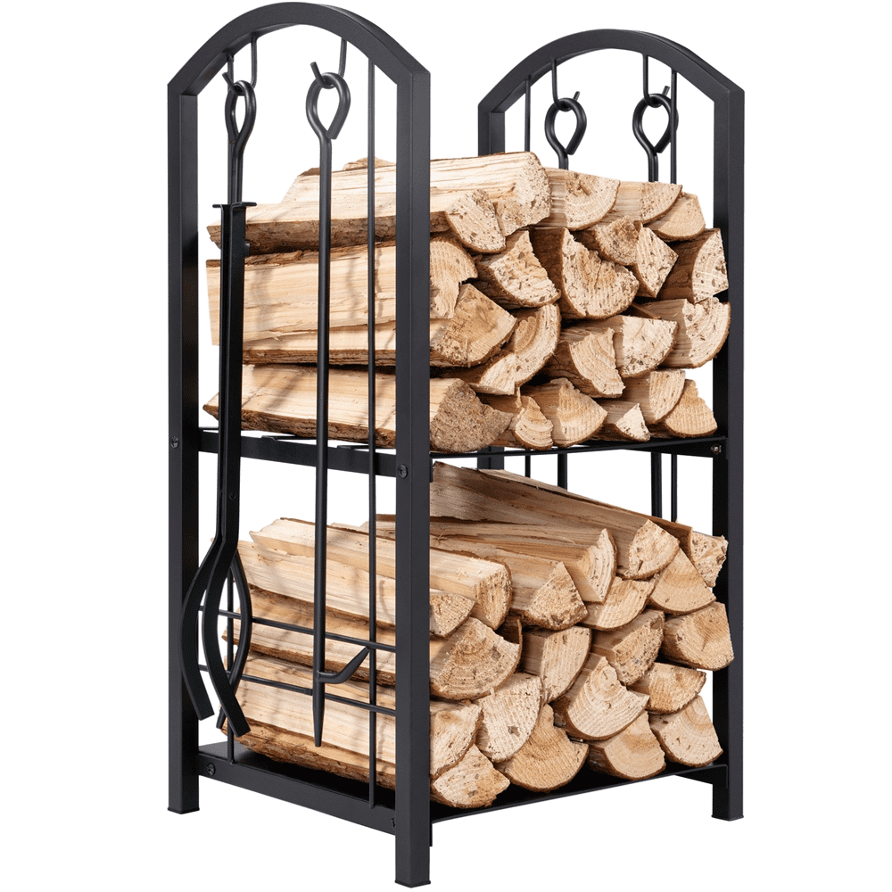 Yaheetech 2 Tiers Firewood Rack with 4 Tools Sets,Black