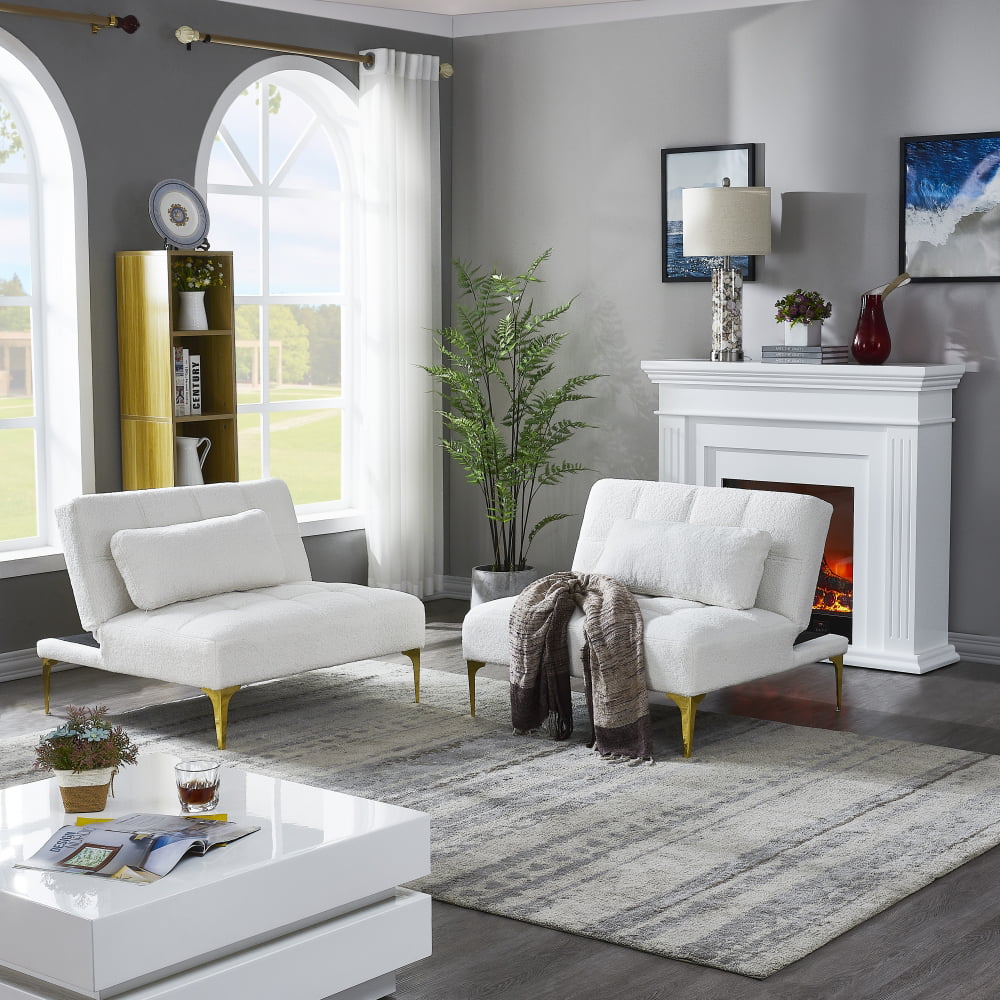 Small Sectional Sofa, Convertible Couch Bed Futon, 71inch Armless Couches with Gold Metal Legs Teddy Fabric, Accent Sofa Loveseat Sofa for Living Room Bedroom Apartment Office, White Teddy