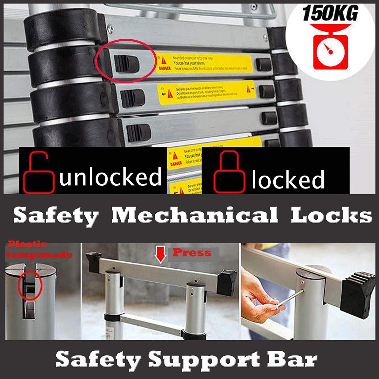 Bowoshen Telescopic Loft Ladder 16.5Ft Extendable Collapsible Step Ladders Securing Bolt 330lb Loading EN131 Certified