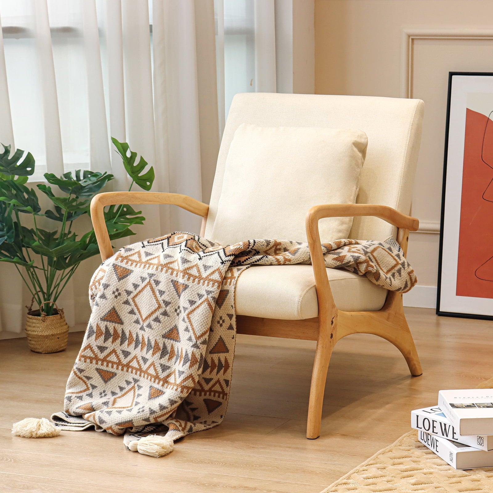 July's Song Mid-Century Modern Accent Chair,Living Room Linen Read Arm Chairs with Cushion,Wood Frame Armchair for Bedroom,Beige