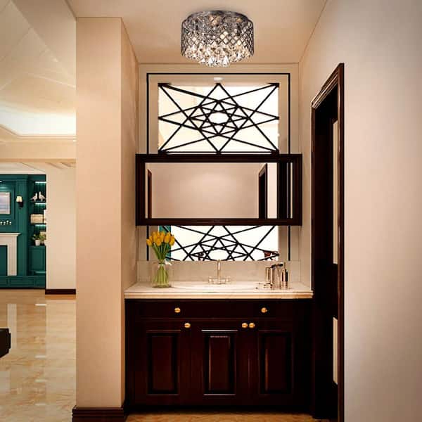 Clara 4-Lights Antique Copper Glam Flush Mount with Lattice Drum Shade and Clear Glass Hanging Crystals