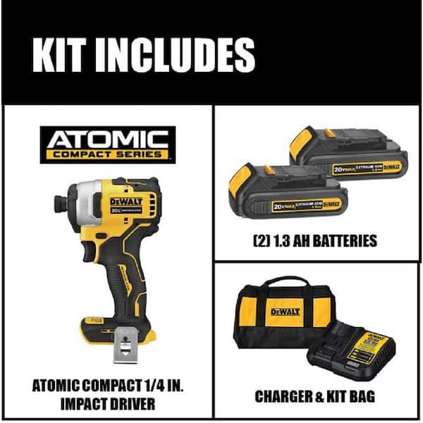 ATOMIC 20V MAX Cordless Brushless Compact 1/4 in. Impact Driver, (2) 20V 1.3Ah Batteries, Charger, and Bag