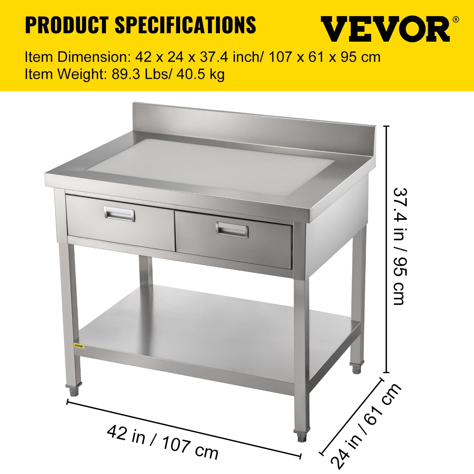 Commercial Work Table Workstation 24 x 42 Inches Commercial Food Prep Work Table with 2 Drawers, Undershelf and Backsplash, 992 lbs Load Stainless-Steel Kitchen Island for Restaurant, Home and Hotel