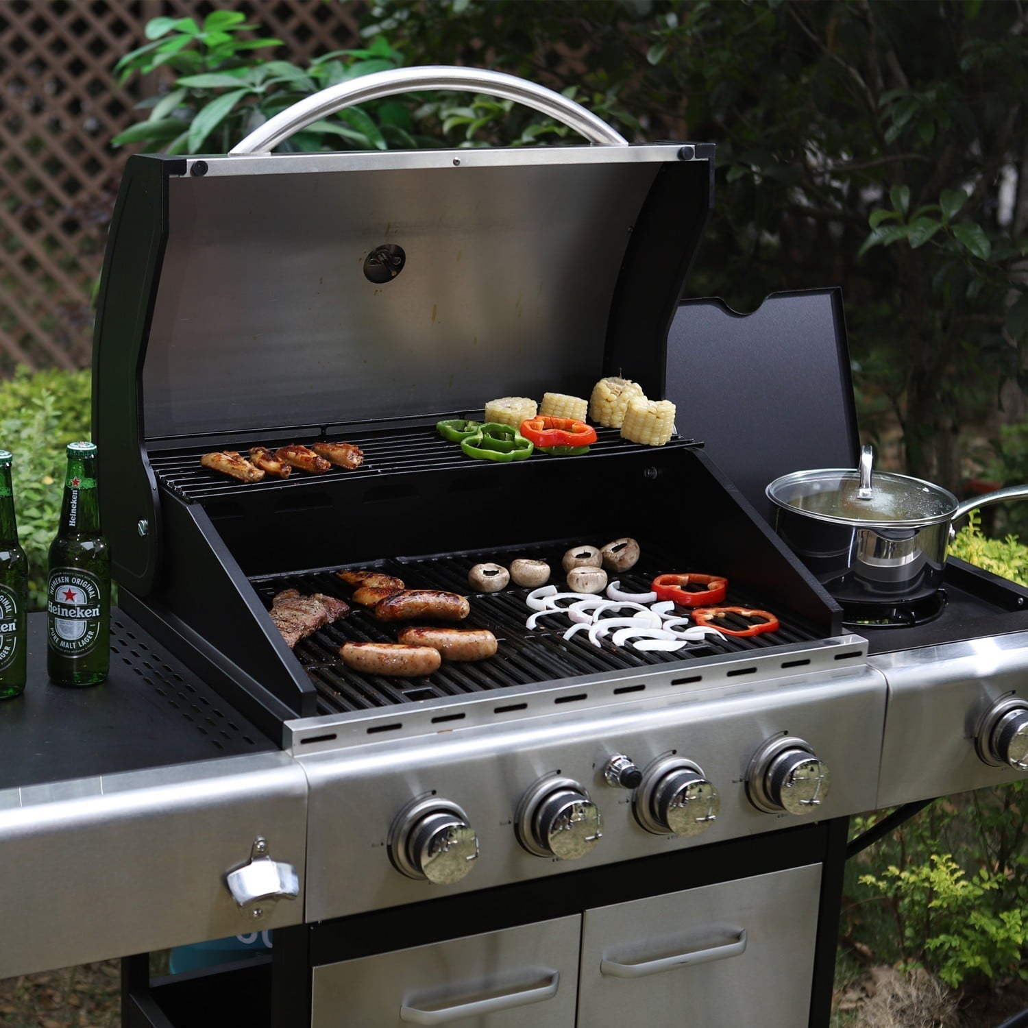 Stainless Steel 4 Burner Propane Gas Grill with Side Burner