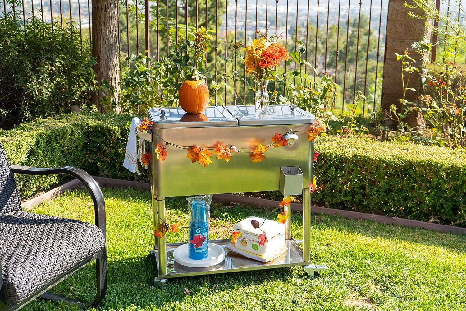 Permasteel PS-206-SS 80 Quart Rolling Patio Cooler with Bottom Tray, Stainless Steel