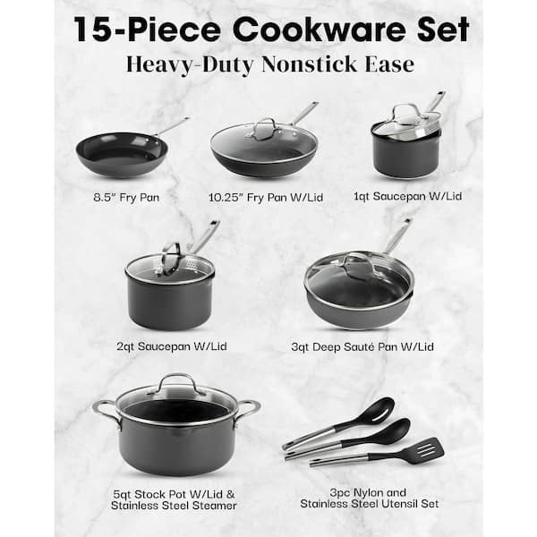 Professional 2x Hard Anodized 15-Piece Aluminum Ceramic Nonstick Coating Cookware Set with Utensils in Black