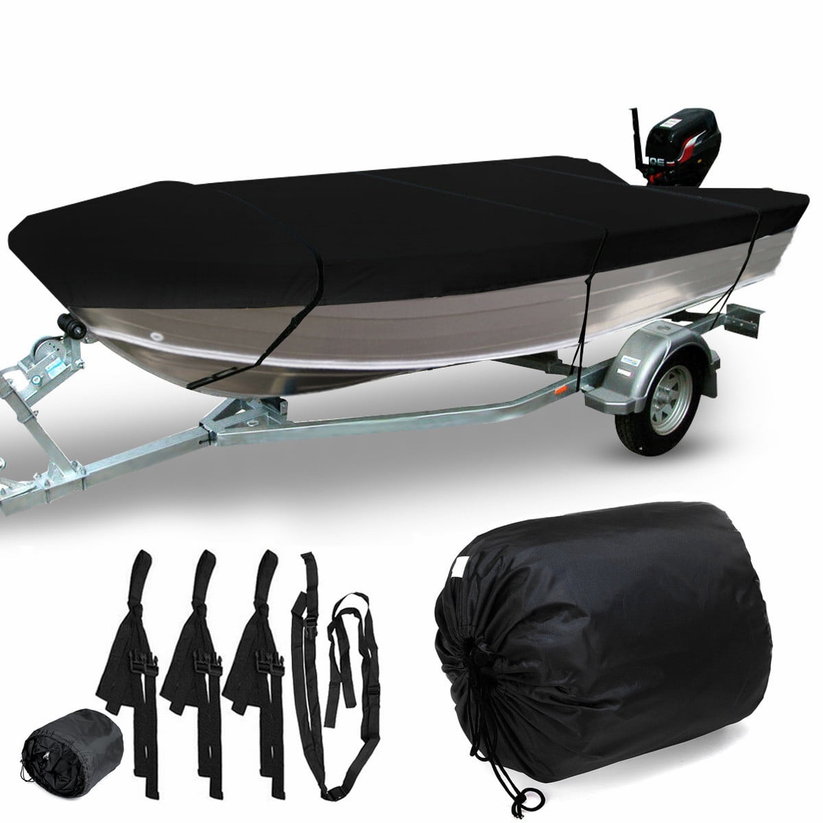 Waterproof Heavy Duty Open Boat Cover Trailerable Fishing Ski Bass Runabouts,210D Fit 11.5 - 14.7ft