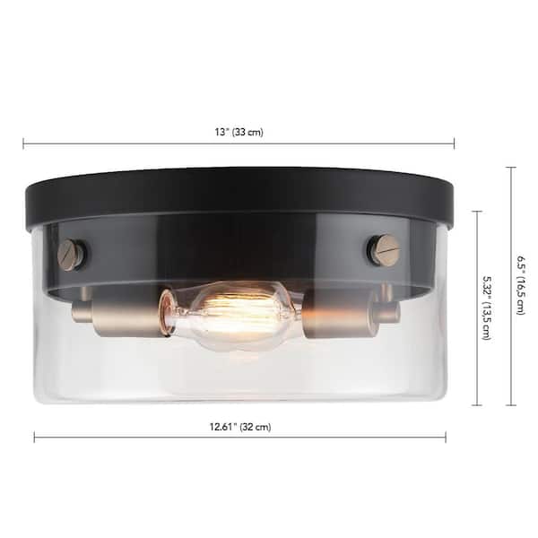 Tayce 13 in. 2-Light Matte Black Flush Mount Ceiling Light with Clear Glass Shade